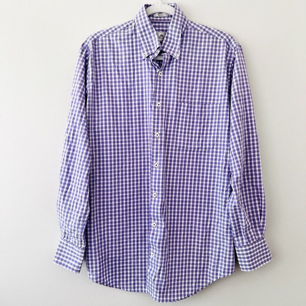 Peter Millar Purple & White Gingham Check Button Down Dress Shirt 100% Cotton M